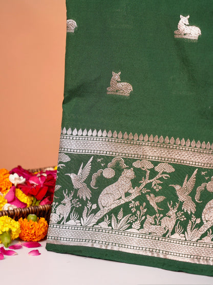 Waah Banaras 180D: Pine green Semi Katan Silk Saree With Beautiful Bird Border