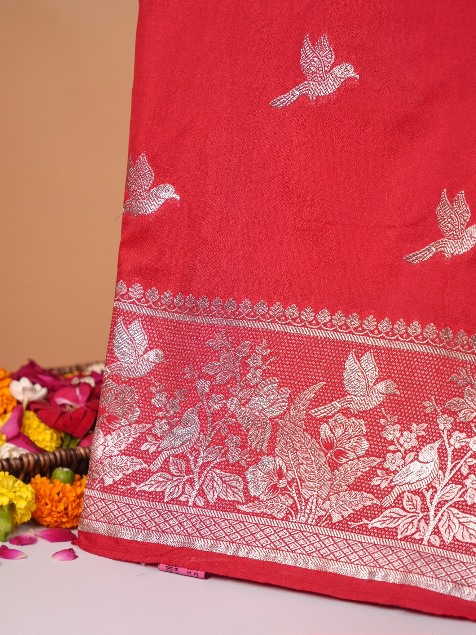 Waah Banaras 182: Royal Red Semi Katan Silk Saree With Beautiful Bird Border