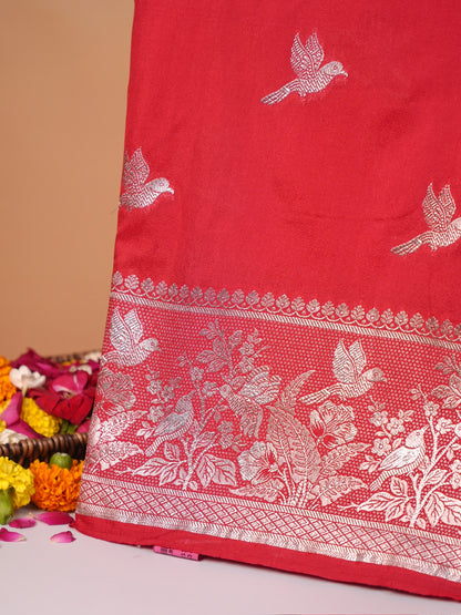 Waah Banaras 182: Royal Red Semi Katan Silk Saree With Beautiful Bird Border