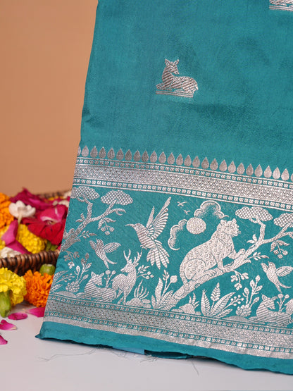 Waah Banaras 180C: Aqua Green Semi Katan Silk Saree With Beautiful Bird Border
