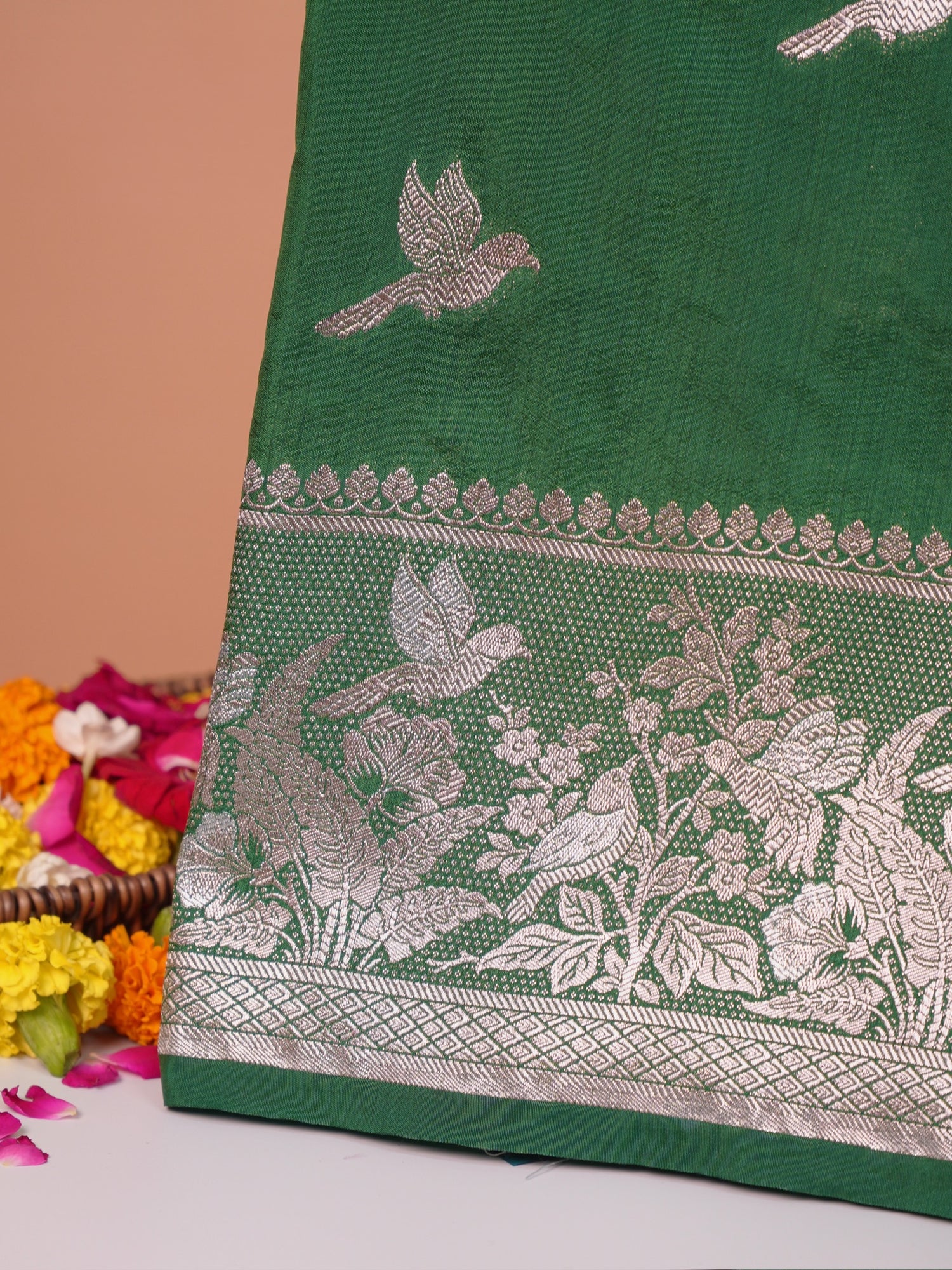 Waah Banaras 182C: Rifle green Semi Katan Silk Saree With Beautiful Bird Border