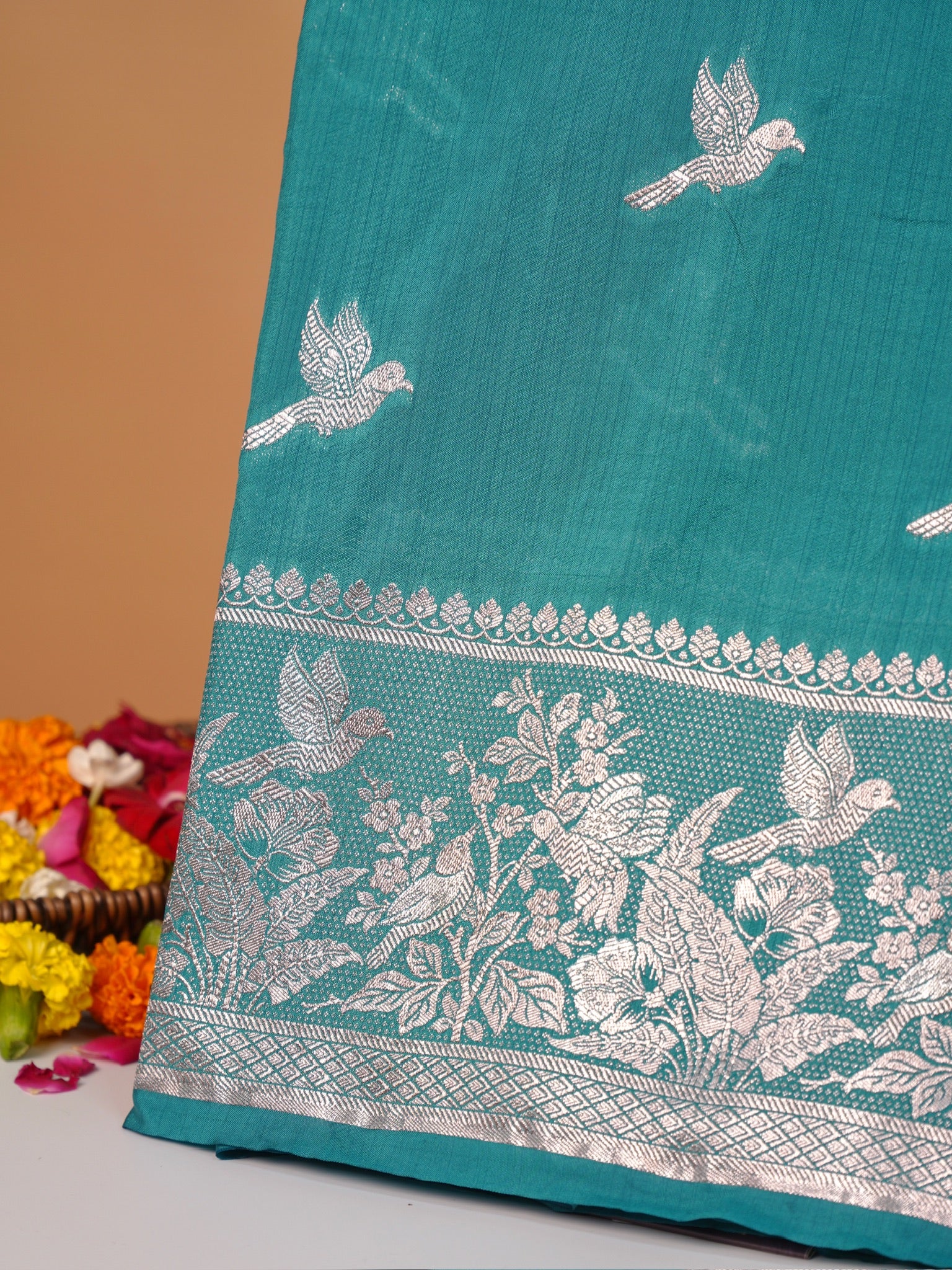 Waah Banaras 182A: Turquoise Blue Semi Katan Silk Saree With Beautiful Bird Border