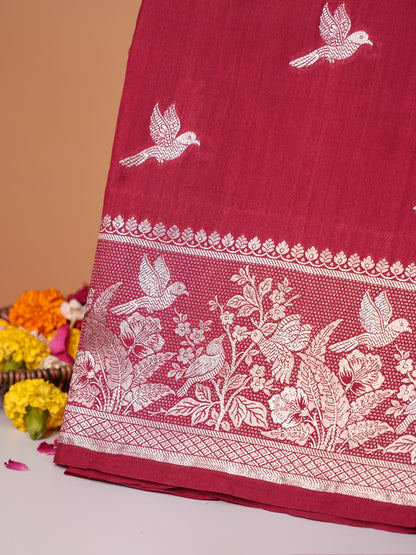 Waah Banaras 182D: Crimson Maroon Semi Katan Silk Saree With Beautiful Bird Border