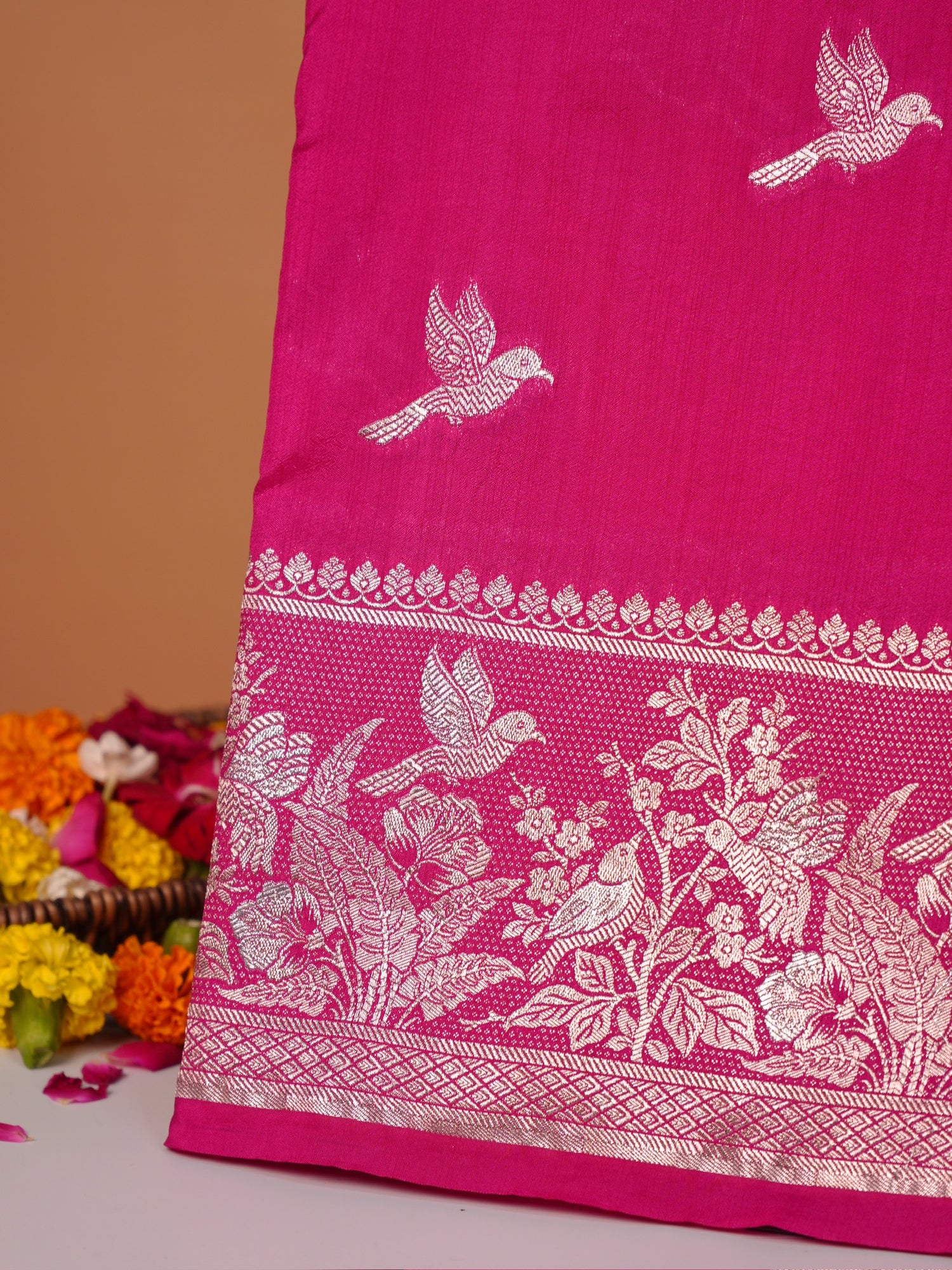 Waah Banaras 182B: Fuchsia Pink Semi Katan Silk Saree With Beautiful Bird Border