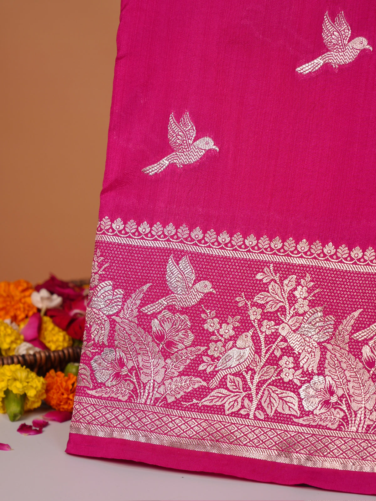 Waah Banaras 182B: Fuchsia Pink Semi Katan Silk Saree With Beautiful Bird Border