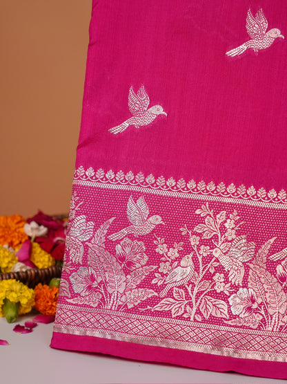 Waah Banaras 182B: Fuchsia Pink Semi Katan Silk Saree With Beautiful Bird Border