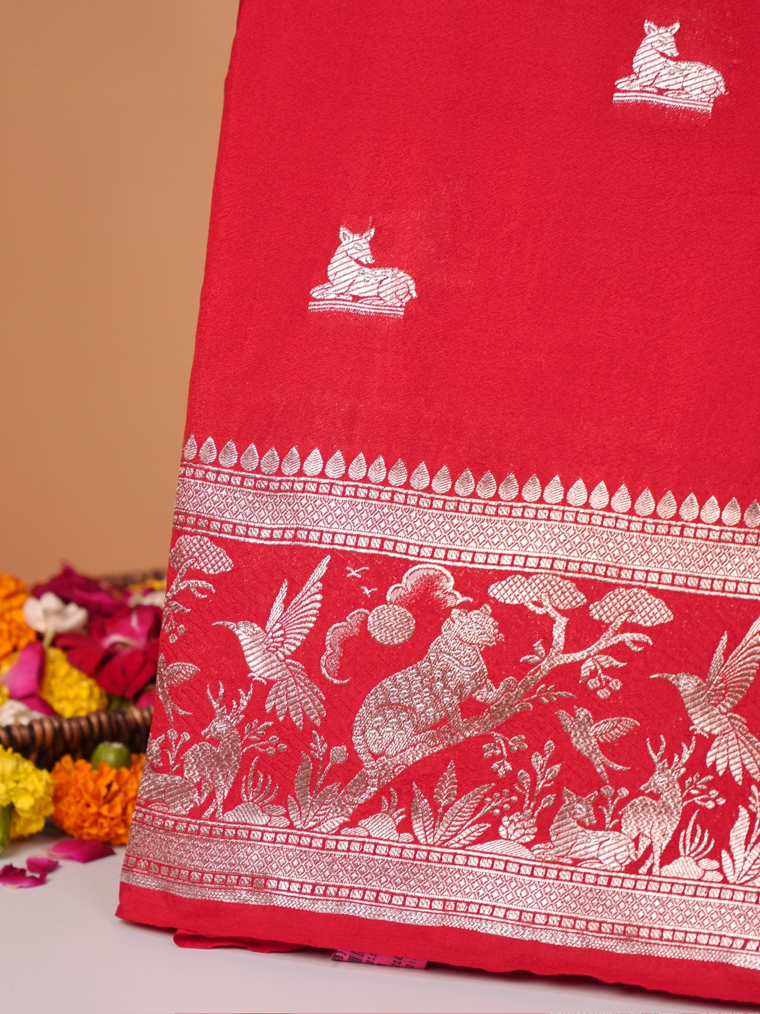 Waah Banaras 180B: Rich Red Semi Katan Silk Saree With Beautiful Bird Border