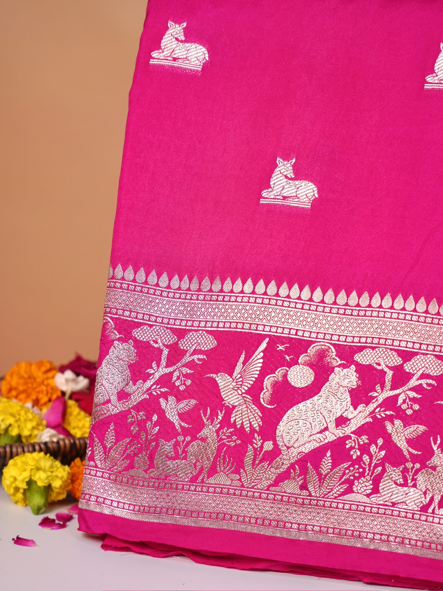 Waah Banaras 180: Rich Rani Semi Katan Silk Saree With Beautiful Bird Border