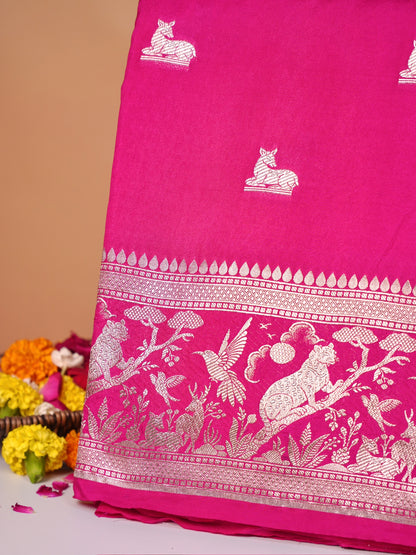 Waah Banaras 180: Rich Rani Semi Katan Silk Saree With Beautiful Bird Border