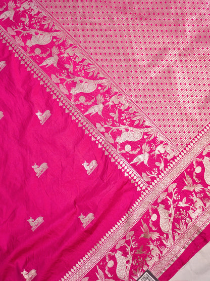 Waah Banaras 180: Rich Rani Semi Katan Silk Saree With Beautiful Bird Border