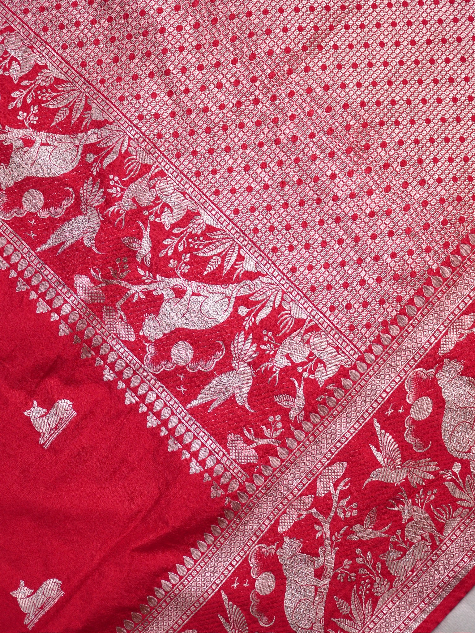 Waah Banaras 180B: Rich Red Semi Katan Silk Saree With Beautiful Bird Border