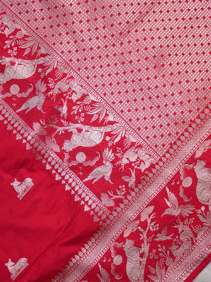 Waah Banaras 180B: Rich Red Semi Katan Silk Saree With Beautiful Bird Border