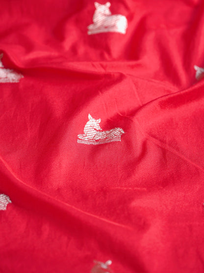 Waah Banaras 180B: Rich Red Semi Katan Silk Saree With Beautiful Bird Border