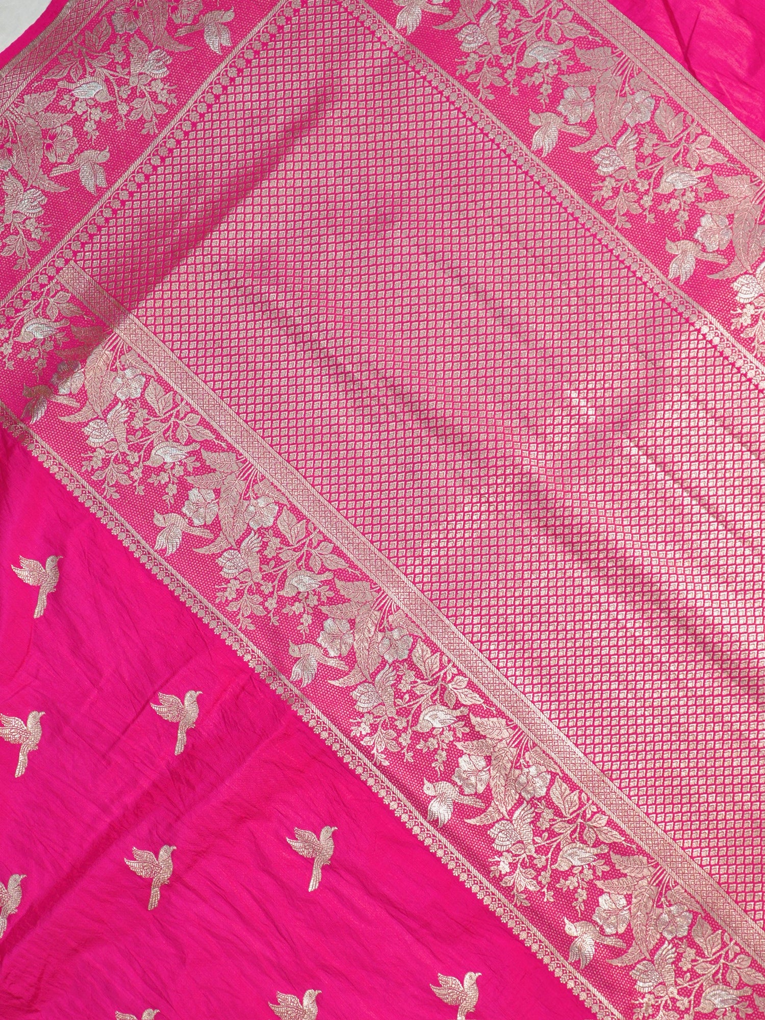 Waah Banaras 182B: Fuchsia Pink Semi Katan Silk Saree With Beautiful Bird Border