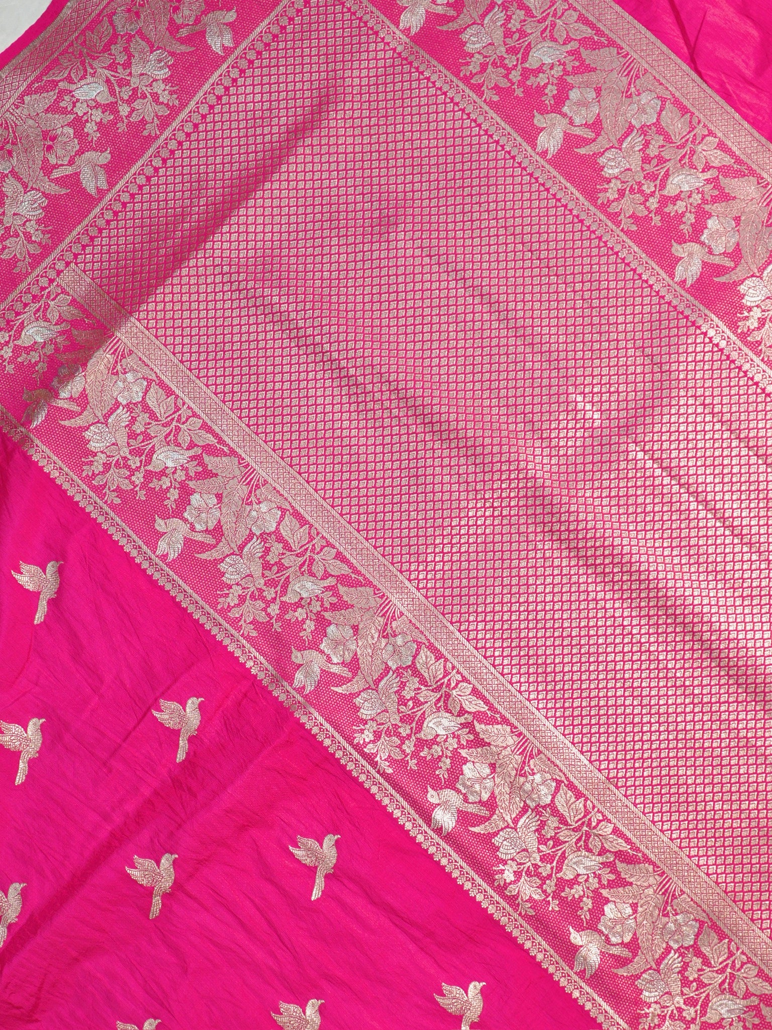 Waah Banaras 182B: Fuchsia Pink Semi Katan Silk Saree With Beautiful Bird Border