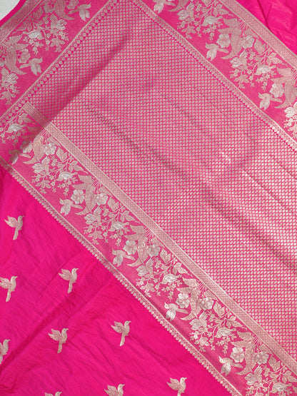 Waah Banaras 182B: Fuchsia Pink Semi Katan Silk Saree With Beautiful Bird Border