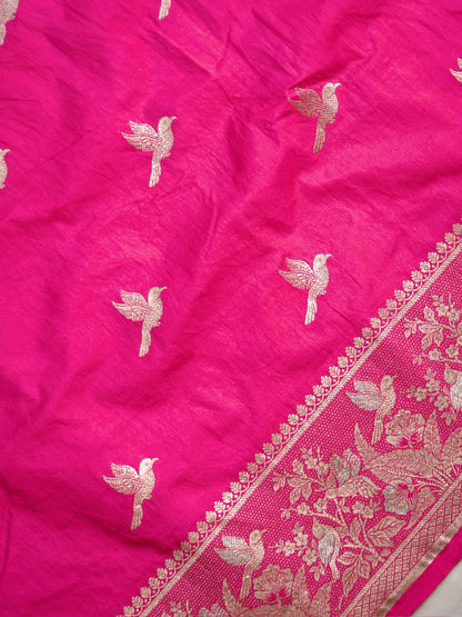 Waah Banaras 182B: Fuchsia Pink Semi Katan Silk Saree With Beautiful Bird Border