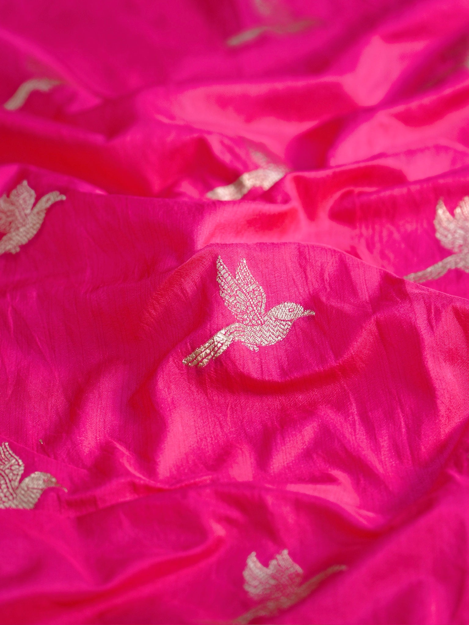 Waah Banaras 182B: Fuchsia Pink Semi Katan Silk Saree With Beautiful Bird Border