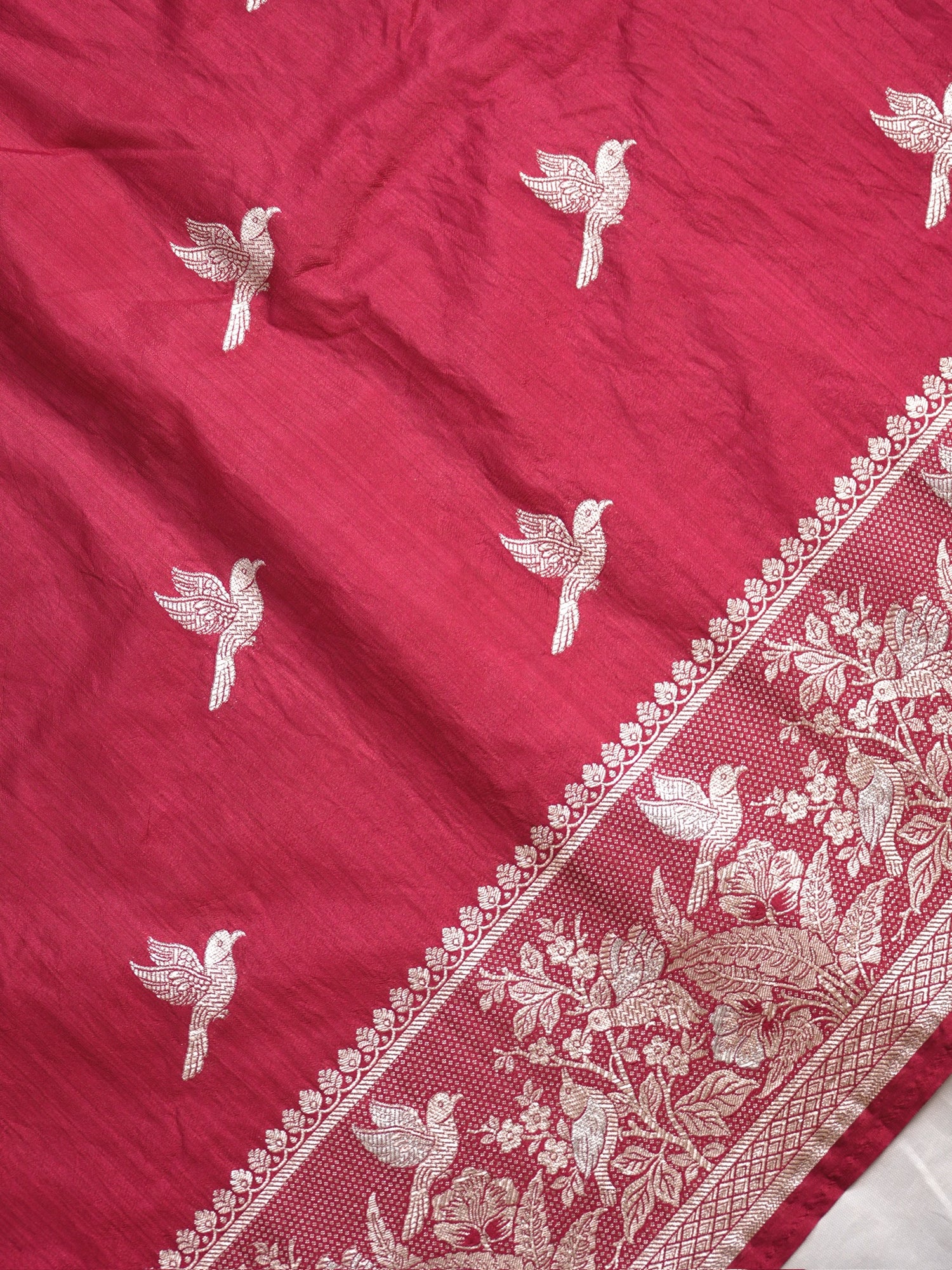 Waah Banaras 182D: Crimson Maroon Semi Katan Silk Saree With Beautiful Bird Border
