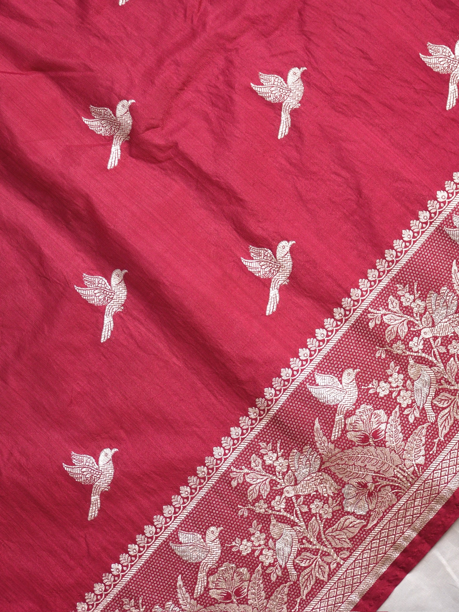 Waah Banaras 182D: Crimson Maroon Semi Katan Silk Saree With Beautiful Bird Border
