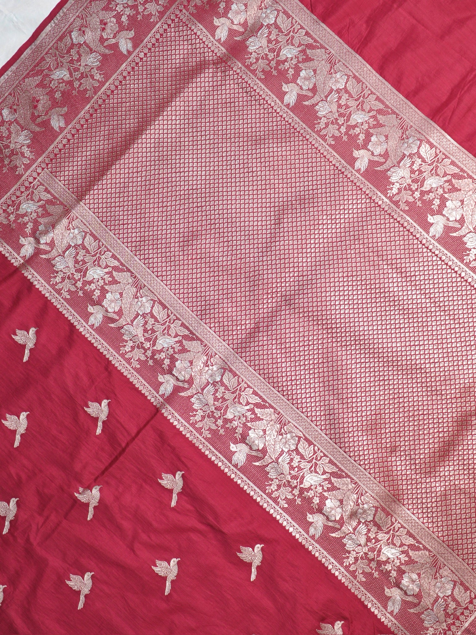 Waah Banaras 182D: Crimson Maroon Semi Katan Silk Saree With Beautiful Bird Border