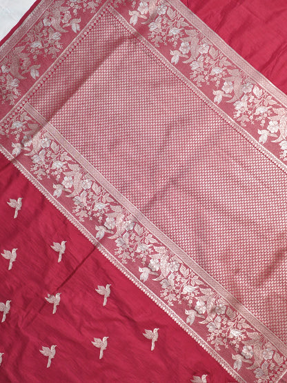 Waah Banaras 182D: Crimson Maroon Semi Katan Silk Saree With Beautiful Bird Border