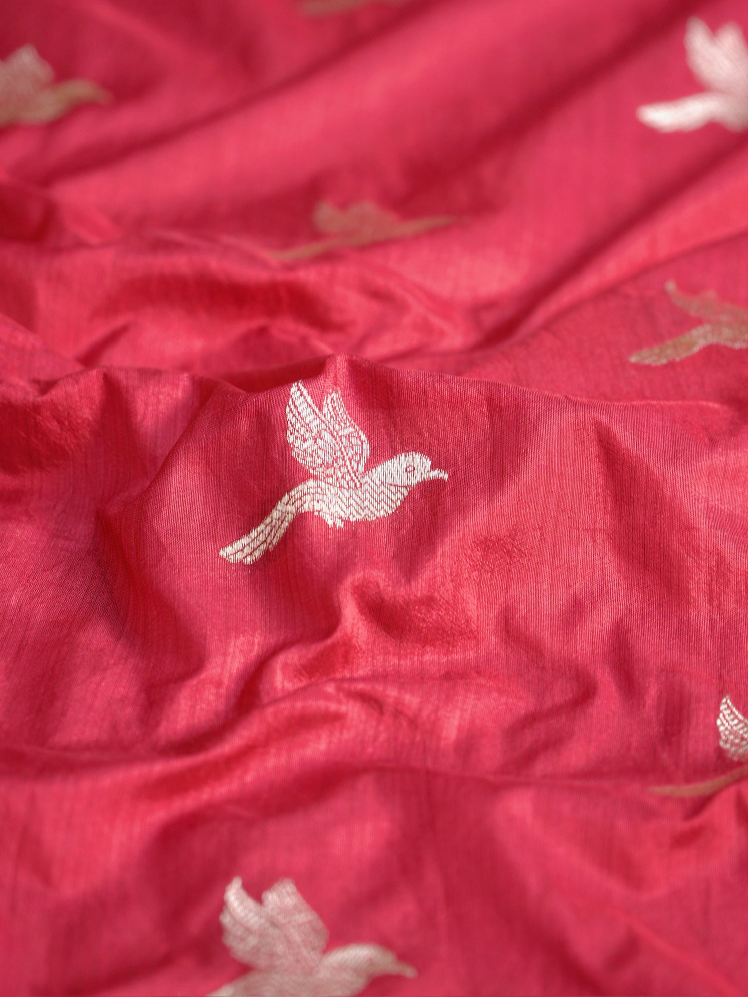 Waah Banaras 182D: Crimson Maroon Semi Katan Silk Saree With Beautiful Bird Border