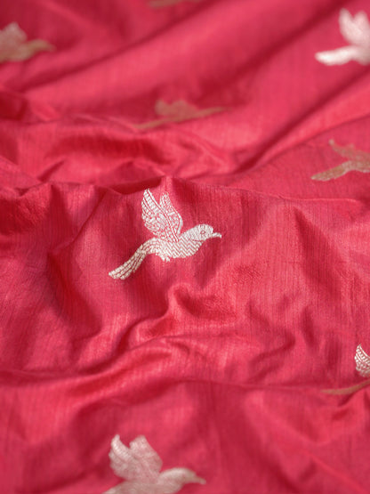 Waah Banaras 182D: Crimson Maroon Semi Katan Silk Saree With Beautiful Bird Border