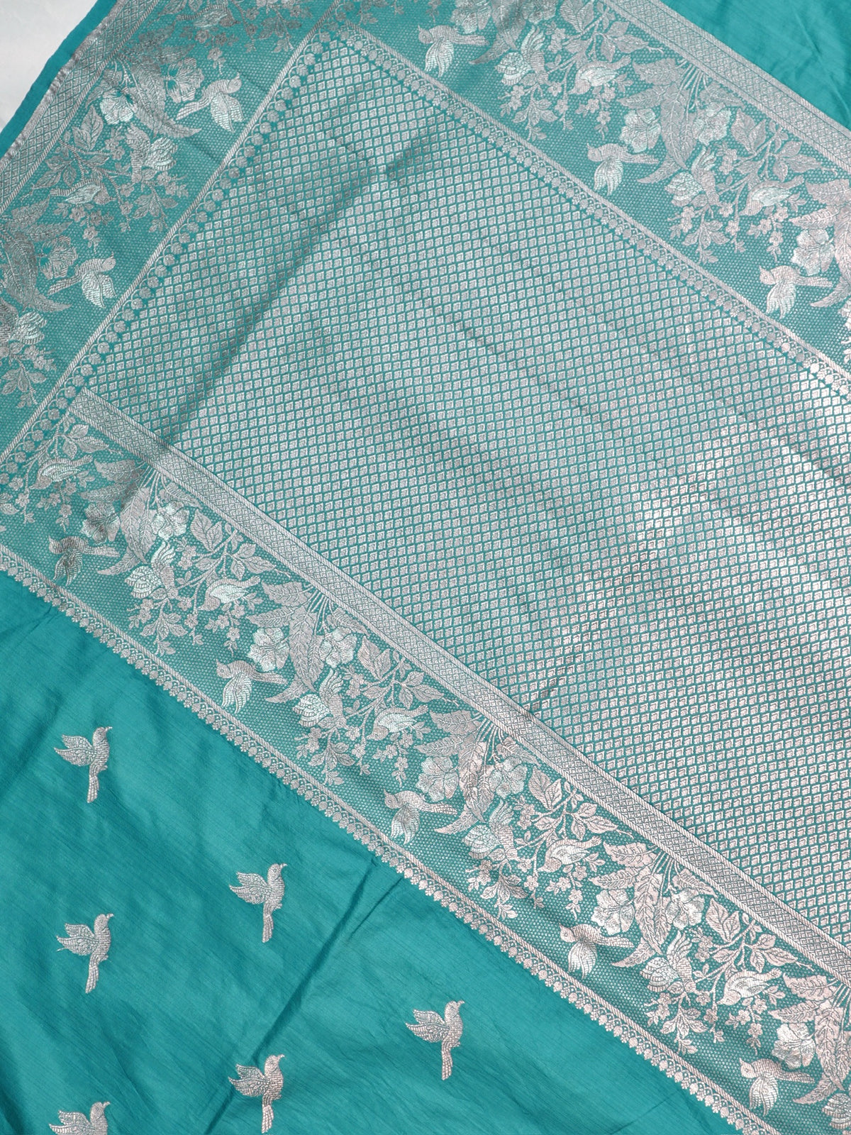 Waah Banaras 182A: Turquoise Blue Semi Katan Silk Saree With Beautiful Bird Border