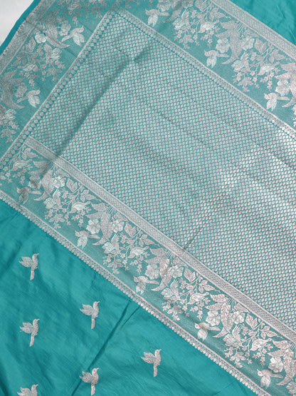 Waah Banaras 182A: Turquoise Blue Semi Katan Silk Saree With Beautiful Bird Border