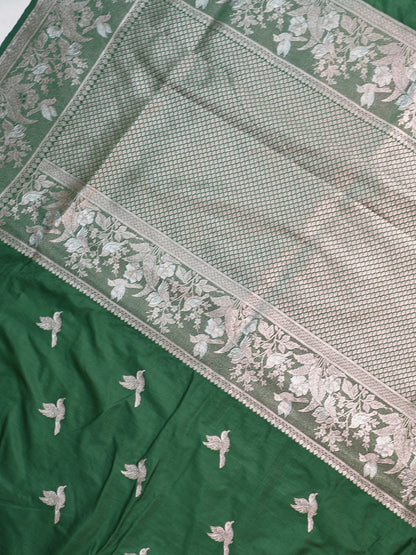 Waah Banaras 182C: Rifle green Semi Katan Silk Saree With Beautiful Bird Border