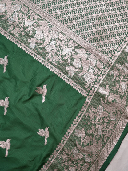 Waah Banaras 182C: Rifle green Semi Katan Silk Saree With Beautiful Bird Border