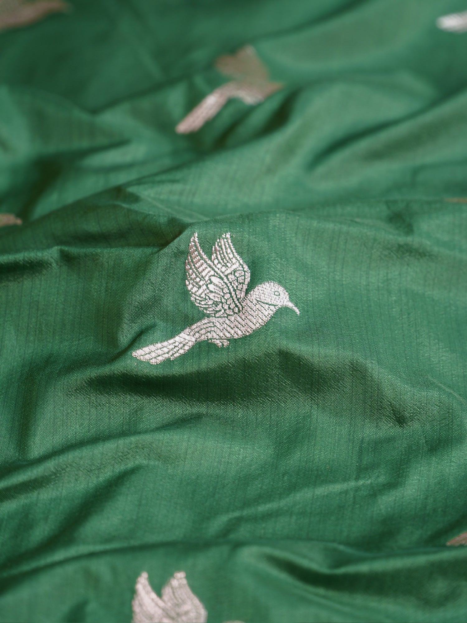 Waah Banaras 182C: Rifle green Semi Katan Silk Saree With Beautiful Bird Border