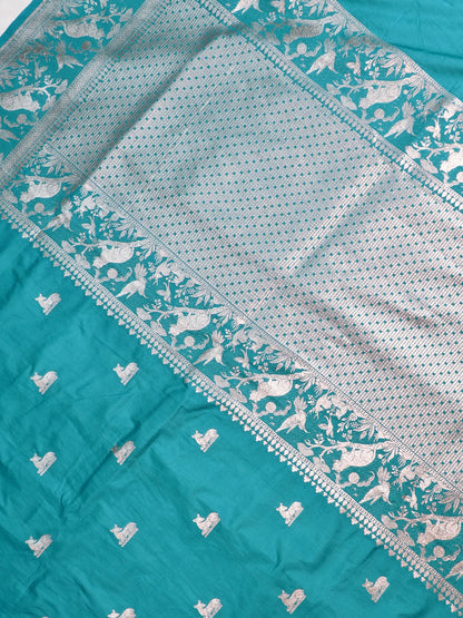 Waah Banaras 180C: Aqua Green Semi Katan Silk Saree With Beautiful Bird Border