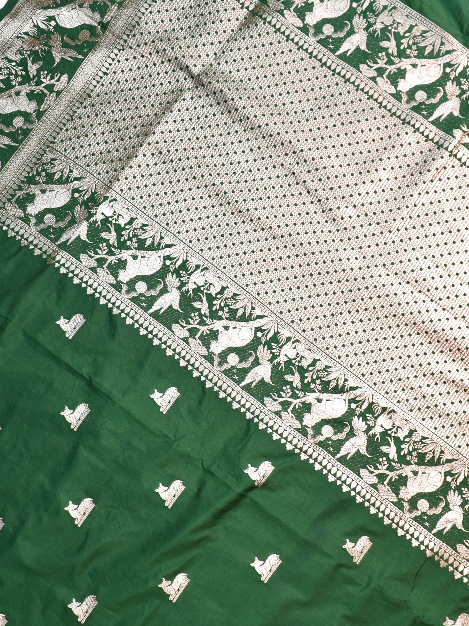 Waah Banaras 180D: Pine green Semi Katan Silk Saree With Beautiful Bird Border