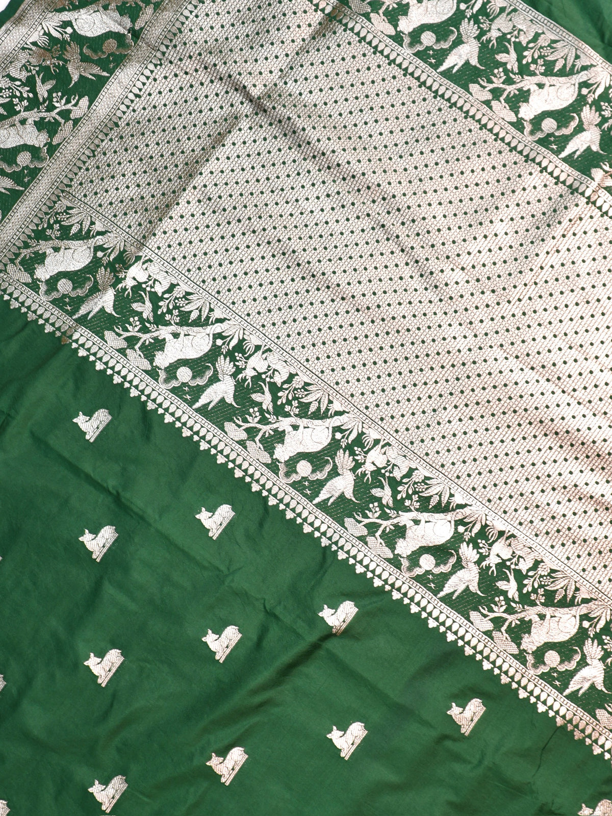 Waah Banaras 180D: Pine green Semi Katan Silk Saree With Beautiful Bird Border