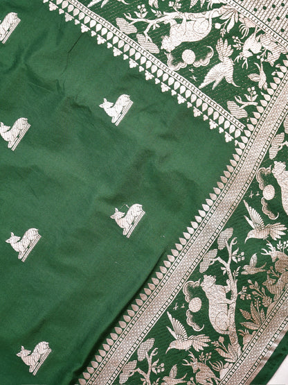 Waah Banaras 180D: Pine green Semi Katan Silk Saree With Beautiful Bird Border