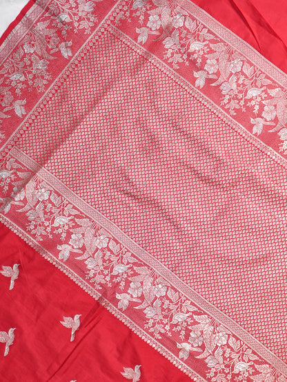 Waah Banaras 182: Royal Red Semi Katan Silk Saree With Beautiful Bird Border