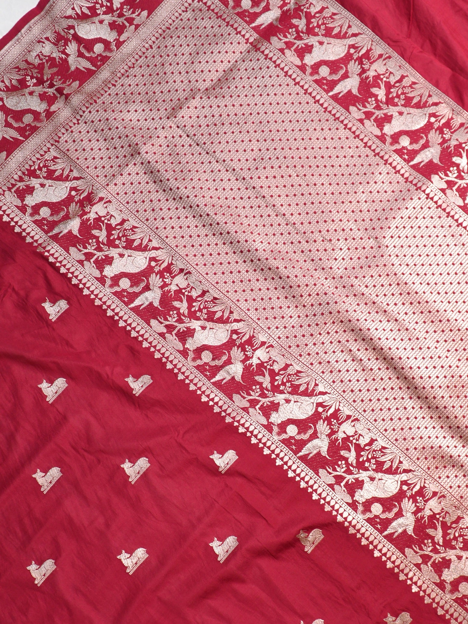 Waah Banaras 180A: Rich Maroon Semi Katan Silk Saree With Beautiful Bird Border