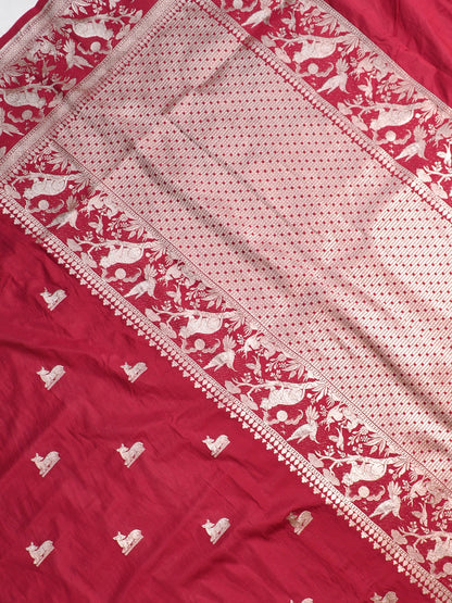 Waah Banaras 180A: Rich Maroon Semi Katan Silk Saree With Beautiful Bird Border