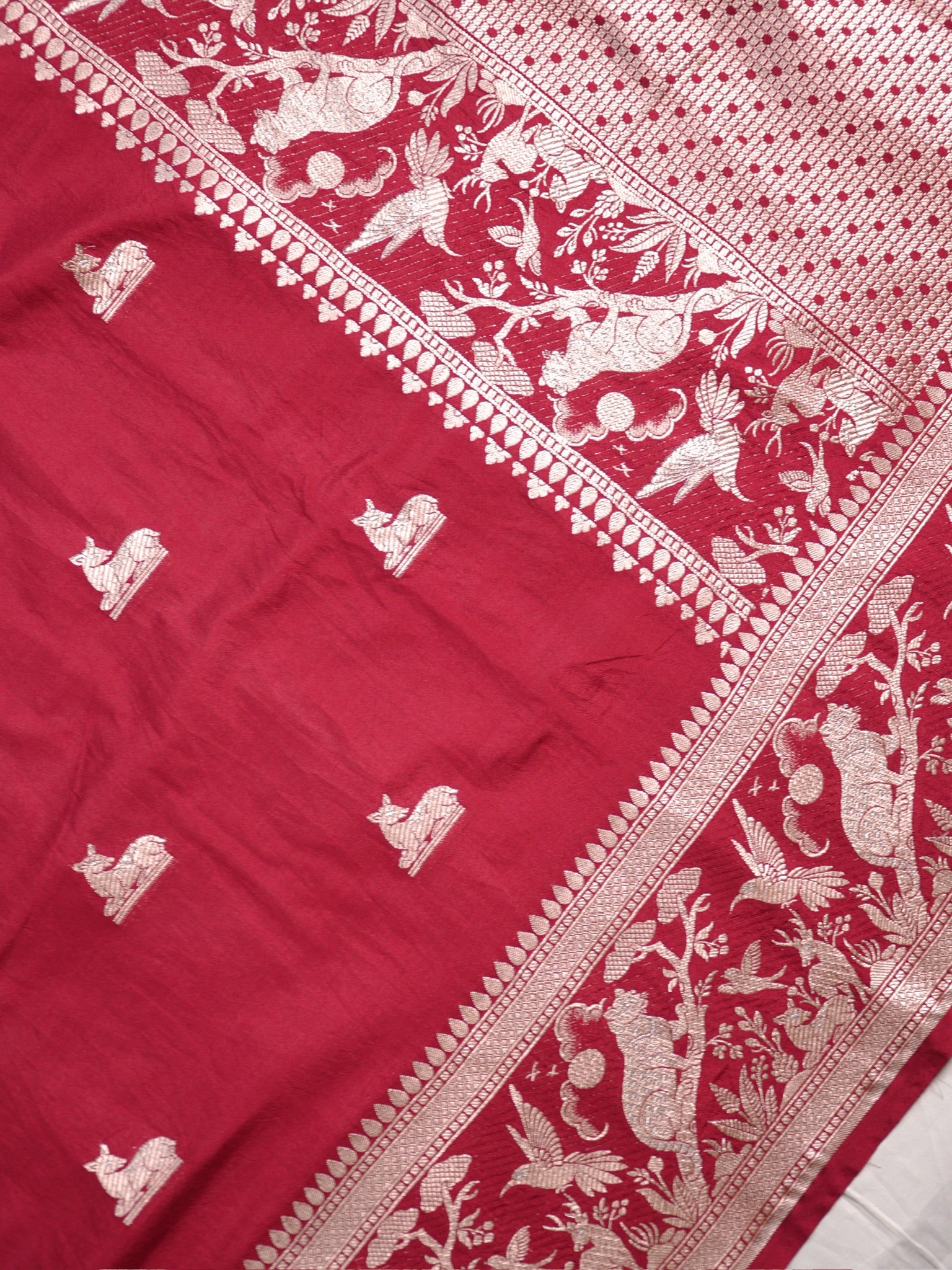 Waah Banaras 180A: Rich Maroon Semi Katan Silk Saree With Beautiful Bird Border