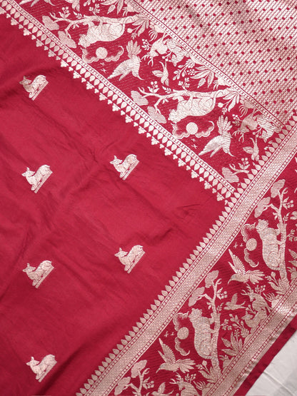 Waah Banaras 180A: Rich Maroon Semi Katan Silk Saree With Beautiful Bird Border