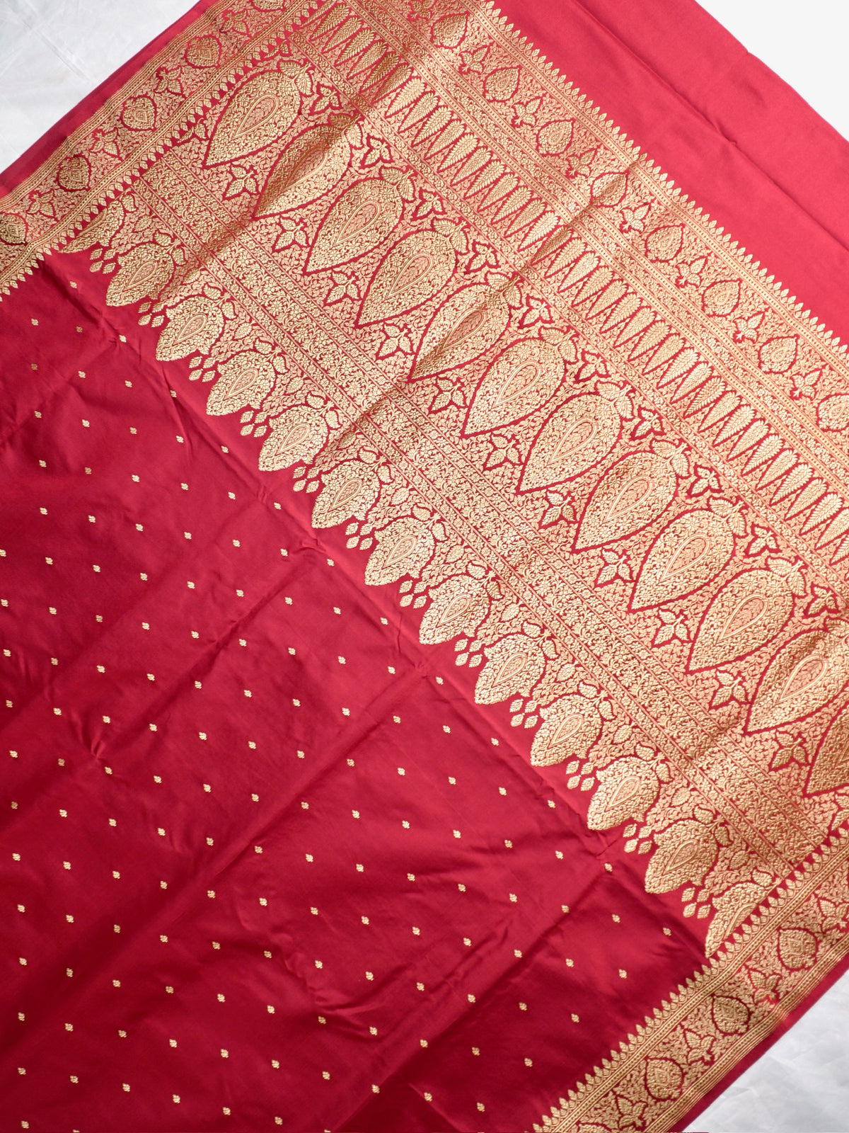 Waah Banaras 183: Regal Crimson Satin Katan Silk Zari Saree With Floral Border