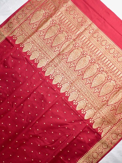 Waah Banaras 183: Regal Crimson Satin Katan Silk Zari Saree With Floral Border