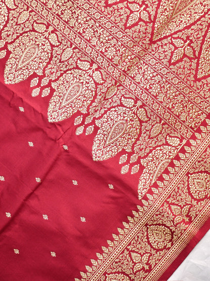 Waah Banaras 183: Regal Crimson Satin Katan Silk Zari Saree With Floral Border