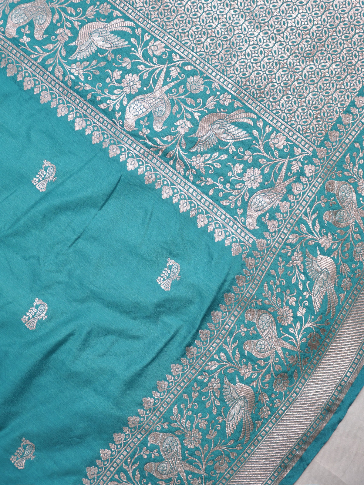Waah Banaras 181: Sea Green Semi Katan Silk Saree With Beautiful Bird Border