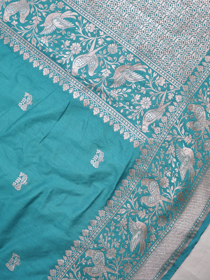 Waah Banaras 181: Sea Green Semi Katan Silk Saree With Beautiful Bird Border