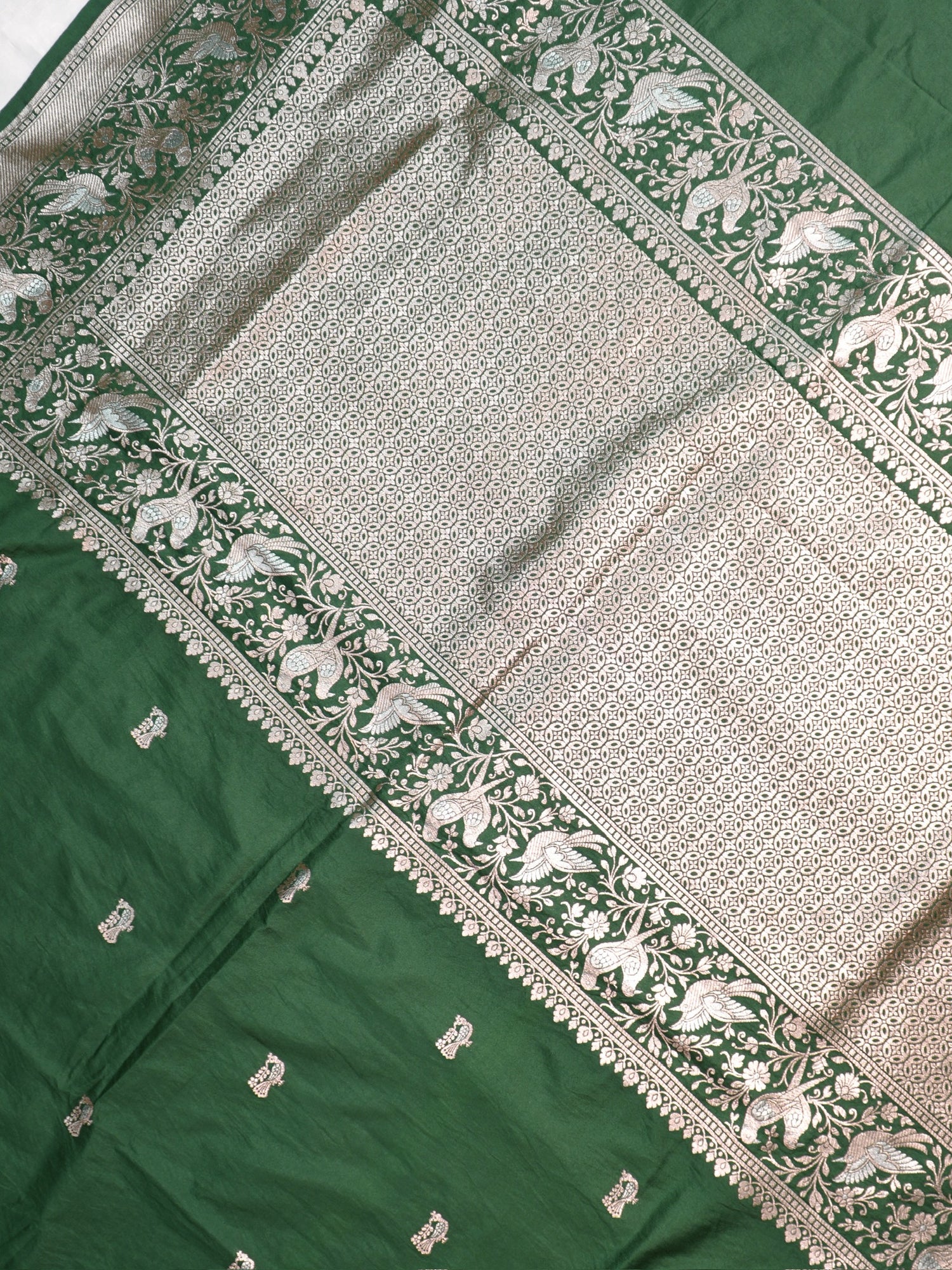 Waah Banaras 181D: Bottle Green Semi Katan Silk Saree With Beautiful Bird Border