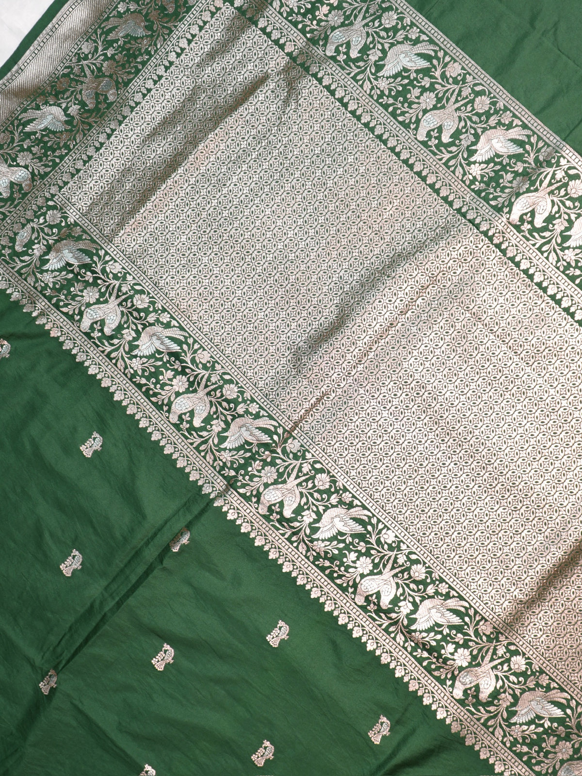 Waah Banaras 181D: Bottle Green Semi Katan Silk Saree With Beautiful Bird Border