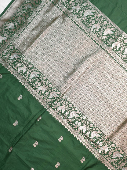 Waah Banaras 181D: Bottle Green Semi Katan Silk Saree With Beautiful Bird Border